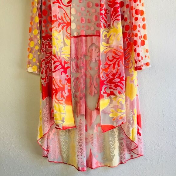 Sheer coverup with bright yellow red and orange circles coral pattern unique Sml - Picture 3 of 7